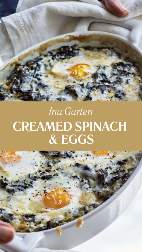 Ina Garten Creamed Spinach & Eggs Creamed Spinach With Boursin Cheese, Boursin Spinach, Spinach And Eggs, Spinach Eggs, Breakfast Bakes, Creamed Spinach Recipe, Spinach Egg, Boursin Cheese, Delicious Cream