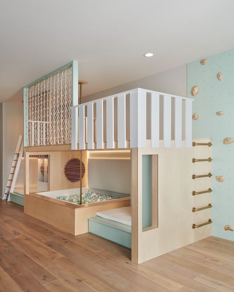 37 Playroom Decor Ideas for Endless Fun - HouseResults Playroom Mezzanine, Floor To Ceiling Playroom Storage, Diy Loft Play Area, Indoor Play Loft, Kids Room Climbing Wall, Playroom For Grandkids, Playroom Loft Ideas For Kids, Kids Loft Playroom, Loft Kids Playroom