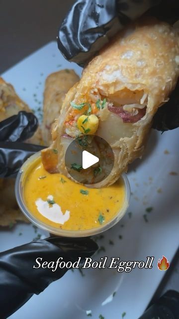 Chef Jay Eats and Treats LLC on Instagram: "Yall think the seafood deviled egg was something? Check out these Seafood Boil Eggrolls, next level 🔥 the garlic butter sauce really set it off 

#crab#shrimp#seafoodboil#eggroll#foodie#houston#houstonfood#cooking#potato#explore#creator" Garlic Butter For Seafood Boil, Crab Eggs, Shrimp Sauce, Set It Off, Crab Boil, Egg Roll Recipes, Roll Recipes, Garlic Butter Sauce, Seafood Boil