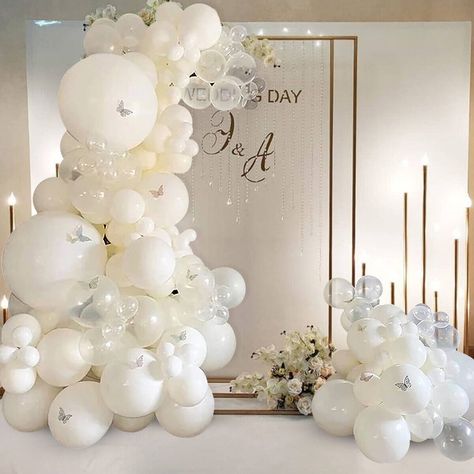 Wedding Balloon Arch With Flowers, White Balloon Arch Wedding, Transparent Butterfly, Helium Balloons Birthday, Balloon Wreath, Balloons Arch, Butterfly Balloons, Arch Flowers, Butterfly Decor