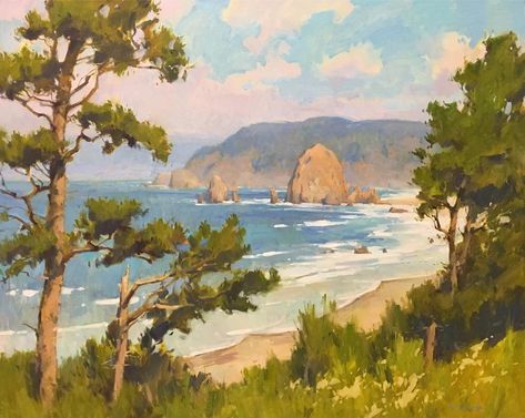 Colin Page on Instagram: “I'm finishing up some commission paintings in the studio today. Including this one of the Oregon coast that will be shipped to a friend in…” Coastline Painting, Oregon Coast Aesthetic, Oregon Painting, Oregon Artwork, Oregon Coast Painting, Oregon Coast Acrylic Painting, Cannon Beach Oregon Aesthetic, Cannon Beach Painting, Oregon Coast Artwork