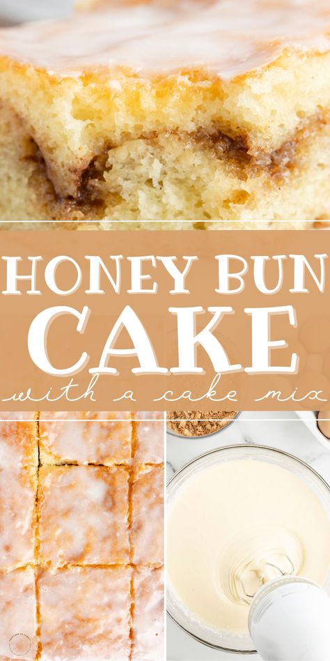 This delicious Honey Bun Cake is simple to make thanks to the box of yellow cake mix and a few ingredients that make it taste 'homemade'. If you love those iconic Little Debbie Honey Bun Snack Cakes then this easy cake recipe is a must-make! Honey Bun Cake Recipe Betty Crocker, Honey Bunny Cake, Easy Honeybun Cake, Honey Bun Coffee Cake, Coffee Cake With Yellow Cake Mix Boxes, Honey Bun Cake With Cream Cheese, Honeybun Cake With Box Cake, Yellow Cake Recipes Ideas, Honey Bun Cake Recipe Easy