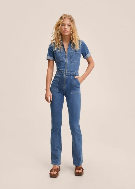 Zip denim jumpsuit - Women | Mango United Kingdom Denim Jumper Outfit, Jumpsuit Mango, Leather Shirt Dress, Wrap Shirt Dress, Zipper Jumpsuit, Moda Denim, Classic Corvette, Outfit Zara, Jeans Outfit Women