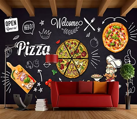 Pizzeria Design Interior Italy, Restaurant Wallpaper Design, Small Pizzeria Design Interior, Pizza Design Ideas, Pizza Mural, Pizza Painting, Pizza Menu Design, Restaurant Design Rustic, Pizza Wallpaper