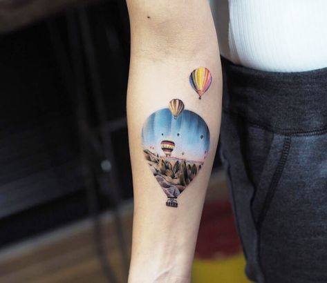 Tattoo photo - Cappadocia tattoo by Jefree Naderali Turkey Tattoos, Hot Air Balloon Tattoo, Air Balloon Tattoo, Balloon Tattoo, Best Tattoo Ever, World Tattoo, Large Tattoos, Simplistic Tattoos, Mini Tattoos