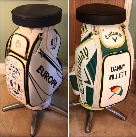 Golf Bag Repurpose, Repurposed Golf Clubs, Golf Bar Ideas, Backyard Golf Ideas, Golf Garage, Golf Club Crafts, Golf Man Cave, Gentlemens Room, Golf Furniture