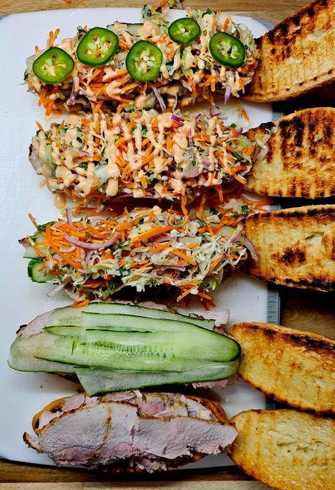 Pork Bahn Mi - Homemade on a Weeknight Bahn Mi Burgers, Bahn Mi Sandwich Recipes, Pork Belly Bahn Mi Sandwich, Ban Mi Sandwich Recipe Pork, Bahn Mi Marinade, Bahn Mi Sauce, Bah Mi Sandwich, Pork Bahn Mi Sandwich, Bahn Mi Sandwich Recipe