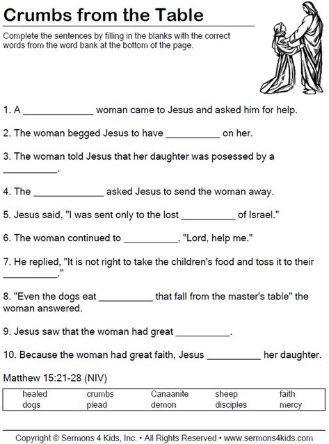 Faith of the Canaanite Woman | Worksheet - children fill in the blanks as teacher tells the story. Bible Worksheets For Women, Fill In The Blanks Worksheets, Awana Sparks, Worksheets For Adults, Sunday School Worksheets, Answers In Genesis, Bible Study Worksheet, Bible Trivia, About Bible