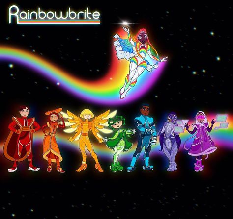 Rainbow Magic Aesthetic, Rainbow Bright Characters, Rainbow Hair Character Design, Magic Ych, Rainbow Bright Drawing, Rainbow Brite Characters, Magical Girl Outfit, Different Drawing Styles, Mew And Mewtwo