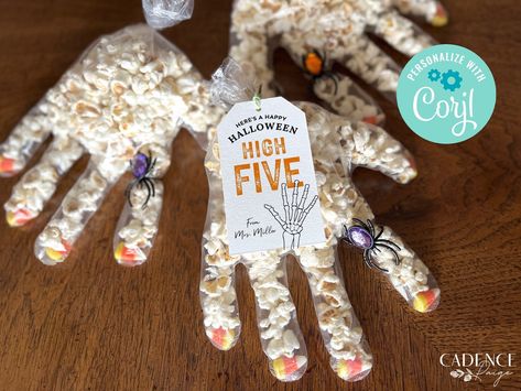 These DIY tags were made especially for Halloween popcorn hands, but can be used for any spooky gift. If you're looking for a fun and simple Halloween treat for neighbors, friends, or classmates, hand out a unique Halloween High Five! Because little goblins need high fives too!   You'll receive access to an editable file so that you can print 12 tags to a page and trim as many as you like.  ♥ DEMO LINK♥  Try before buying! Simply copy and paste the URL below into your browser: https://www.corjl. Popcorn Hands, Halloween Treat Tags, Halloween Gift Tags, Halloween Popcorn, Classroom Diy, Halloween Treats Easy, Spooky Gifts, Halloween Tags, Tags Printable