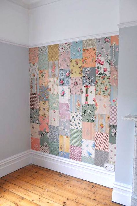 Patchwork Wallpaper PiecesThis quilt tutorial is available for free...  Full post: Tuesday Ta-Dah! Patchwork Wallpaper, Sewing Spaces, Vintage Bedroom, Vintage Nursery, Bathroom Redo, Bedroom Vintage, Sewing Rooms, Vintage Wallpaper, My New Room