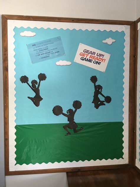 Cheer leaders silhouette bulletin board VBS Game On sports theme vacation bible school. Cheerleading Bulletin Board Ideas, Cheerleader Bulletin Board Ideas, Cafeteria Bulletin Boards, Display Boards For School, Christian Bulletin Boards, Cheer Leaders, Vbs Decorations, Cheer Competition, Team Theme