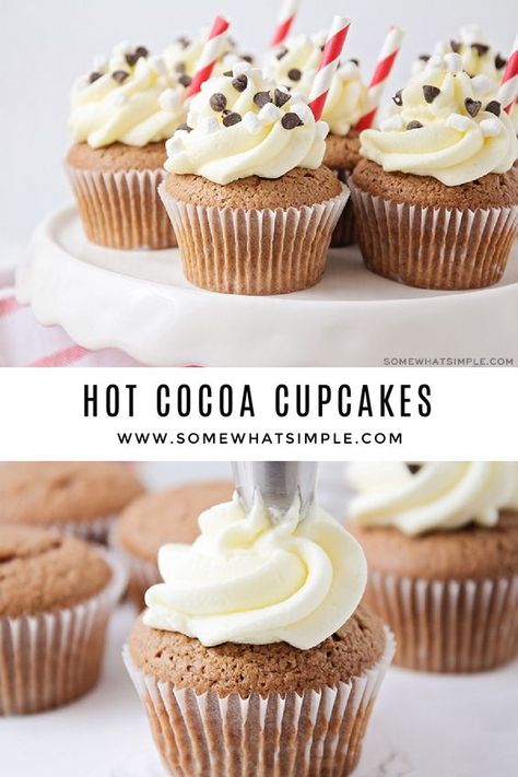 Cupcake Recipes Winter, Wild Cupcake Ideas, Easy Winter Cupcakes, Christmas Cupcake Recipes From Scratch, Different Cupcakes Ideas, Hot Coco Cupcake, Bakery Cupcake Flavors, Hot Cocoa Frosting, Easy Holiday Cupcakes