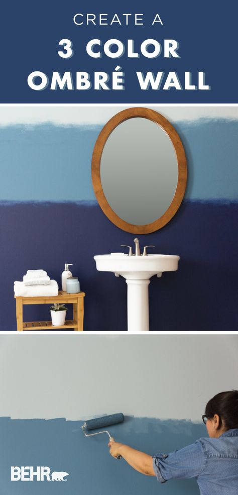 With so many gorgeous paint colors to choose from, why choose just one? This three color ombré wall is a great DIY home makeover project to add to your bathroom. Featured shades include Watery, Dark Navy, and the Behr 2019 Color of the Year: Blueprint. Learn more about this modern blue look. Find the easy tutorial by clicking below. Blue Grey Paint Color, Pedestal Sink Ideas, Diy Home Makeover, Ombré Wall, Bathroom 2023, Blue Gray Paint Colors, Modern Window Treatments, Behr Colors, Color Of The Month