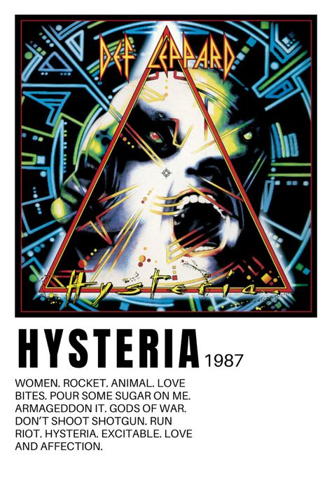 Photo of Def Leppard’s Hysteria album cover art with text underneath detailing the release year and all songs included on the record. Def Leppard Poster, Def Leppard Albums, Rock Album Cover, Def Leppard Hysteria, Rock Album Covers, Pet Shop Boys, Musica Rock, Steven Tyler, Great Albums