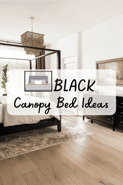 Canopy bed frames can come in a few different colors, but there is something about a black canopy bed that makes it extremely popular. Perhaps it is the bold, Black Four Poster Bed With Curtains, Canopy Bed Mcm, Spear Bedroom Ideas, Black Poster Bed Bedroom Ideas, Black Canopy Bedroom Ideas Modern, Canopy Bed Master Room, How To Style A Canopy Bed, Black Canopy Bed Ideas, Canopy Bed Bedroom Ideas