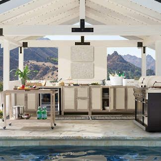 Isola Outdoor Kitchen in Weathered Teak Covered Outdoor Kitchens, Modular Outdoor Kitchens, Frontgate Outdoor, Outdoor Kitchen Bars, Weathered Teak, Ideal Kitchen, Inspire Me Home Decor, White Wicker, Teak Frame