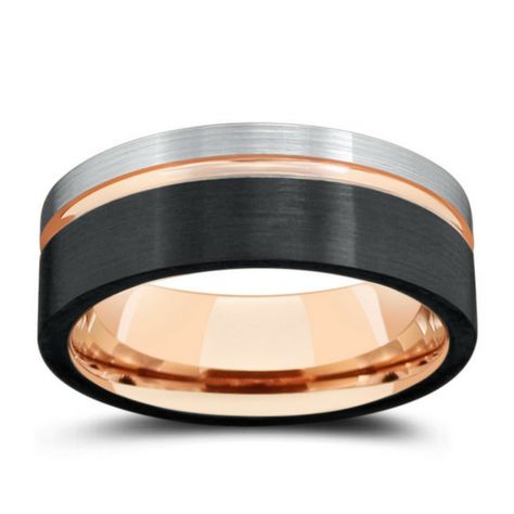 Beautiful crafted triple tone tungsten men's wedding ring with an 18k rose gold interior. Silver and black textured top with a carved channel groove. See more here: https://northernroyal.com/collections/brushed-tungsten-rings/products/mens-three-tone-tungsten-wedding-band-with-pipe-cut-design Hunting Wedding Rings, Rose Gold Mens Wedding Band, Mens Wedding Rings Tungsten, Blue Diamond Engagement Ring, Rose Gold Diamond Ring Engagement, Engagement Rings Twisted, Leaf Engagement Ring, Tungsten Rings, Floral Engagement Ring