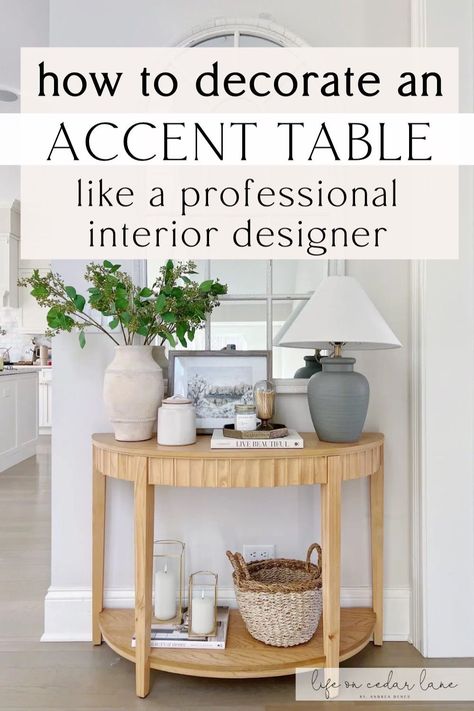 Transform your home with our expert tips on how to decorate an accent table. Whether you're looking for living room end table decor, side table decor, or console table decor, our blog post provides stylish and practical ideas. Discover the secrets to creating stunning table decor living room setups. How To Decorate Console Table, Living Room End Table Decor, End Table Decor, Life On Cedar Lane, Accent Table Styling, Console Table Decor, Living Room End Table, Sofa Table Decor, Small Round Side Table