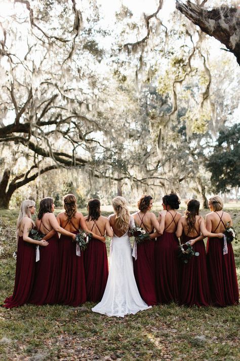 SAINT SIMONS WEDDING - Cranberry bridesmaids dresses at King & Prince Resort wedding on Saint Simons Island, Georgia by Posh Petals & Pearls and River West Photography Deep Red Wedding Theme, Cranberry Bridesmaid Dresses, Saint Simons Island Georgia, Dark Red Bridesmaid Dresses, Deep Red Wedding, Dark Red Wedding, Maroon Bridesmaid, Maroon Bridesmaid Dresses, Wedding Disney