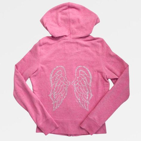 Mcbling Jacket, Angel Wings On Back, Pink Y2k Hooded Hoodie, Wings On Back, Pink Rhinestone Zip Up Hoodie, Y2k Rhinestone, Oc Style, Pink Juicy Couture Hoodie, Thrift Manifestation