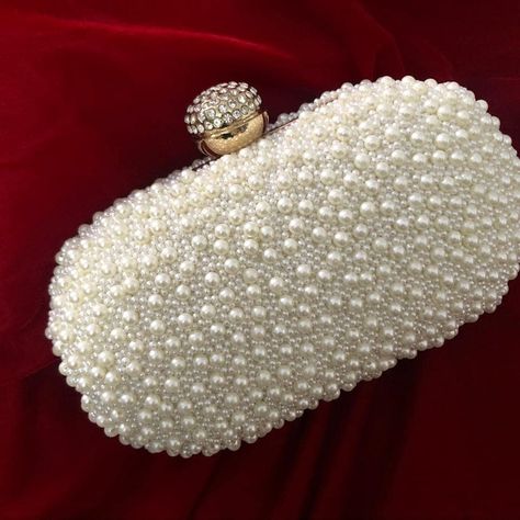 Ladies Choice, Pearl Clutch, Designer Clutch, Raw Silk, White Pearl, Bridal Collection, Pearl White, Indian Wedding, Clutches