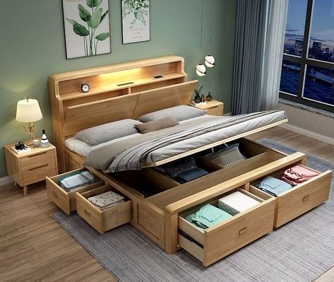 Closet Dorm, Wooden Bed With Storage, Bed Designs With Storage, Simple Bed Designs, Box Bed Design, Small Bedroom Furniture, Bed Headboard Design, Wood Bed Design, Bed Frame Design