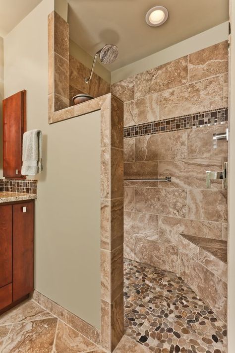 8/30/14 This is what I have in mind for the shower as far as wall and entrance are concerned.  Not so much the tile. Doorless Shower, Bilik Air, Walk In Shower Designs, Interior Minimalista, Bathroom Remodel Shower, Basement Bathroom, Bathroom Redo, Bathroom Tiles, Shower Remodel