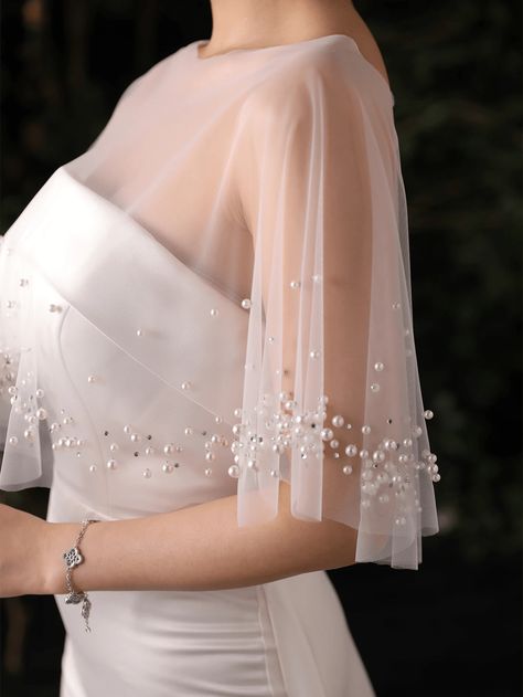 1pc Korean Style Bridal Wedding Shawl Cape Plus Size White Elegant & Simple White Shawl With Pearl Embellishment | SHEIN UK Korean Bridal Dress, Wedding Dress Coverup Ideas, Korean Wedding Dress Simple, Dress Coverup Ideas, Pearl Cape, Wedding Dress Topper, Korean Wedding Dress, Bridal Capelet, Saree Painting Designs