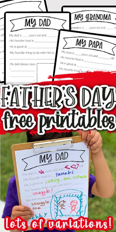 Great fill in the blank free Father's Day printables for dad, grandma, step dad, uncle and more! Dad Printable, Father's Day Printable, Printables For Kids, Diy Father's Day Gifts, Birthday Crafts, Father's Day Diy, Dad Cards, Big Gifts, Fathers Day Crafts