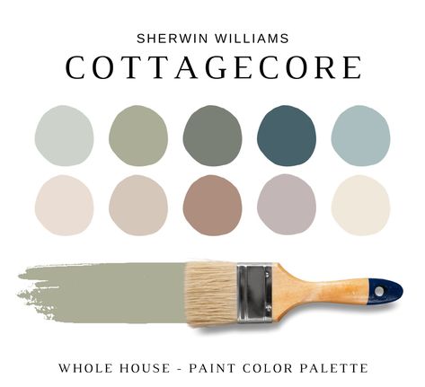 The PDF contains EVERYTHING you need to KNOW about Sherwin Williams COTTAGECORE Paint Colors! It includes a list of 16 complementary Sherwin Williams COTTAGECORE Paint Colors that complement each other. This is a PREPACKAGED Color Palette Selection Listing that includes the Sherwin Williams complementary color recommendations for walls, ceilings, trims, moldings, doors, and window frames - for your WHOLE HOUSE. NOTE: This LISTING is MORE than color palette suggestions! This is a *digital downloa Cozy Home Palette, Cottage Palette, Cottage Wall Colors, English Country Home Interiors, English Cottage Color Palette, Cottage Core Paint Colors, Whole Home Color Palette, Cottagecore Paint Colors, Home Color Schemes