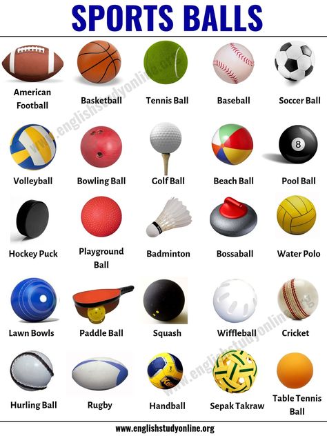 Sports Balls: List of 25 Popular Ball Games Around the World - English Study Online Different Balls Sports, Type Of Sports, Sports List, Sport English, Types Of Games, Types Of Sports, Tatabahasa Inggeris, Ball Games, Learning English For Kids