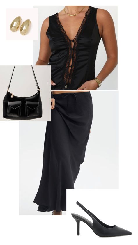 Black lace top, maxi black skirt, black pumps, gold earrings, black bag. Outfit inspiration Charcoal Clothing, Black Lace Top, Black Maxi Skirt, Black Pumps Heels, Clothing Black, Black Heel, Black Lace Tops, Black Maxi, Heel Pumps