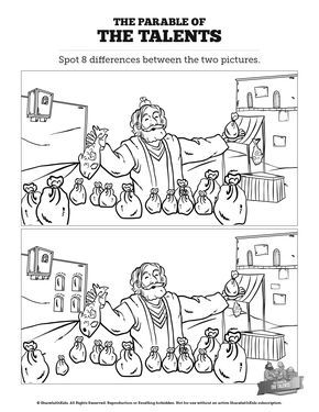 The Parable of the Talents Kids Spot The Difference: Can your kids spot the difference between these two Parable of the Talents illustrations? Packed with silly fun and gorgeous artwork this Parable of the Talents activity will make a great addition to your upcoming Matthew 18 Sunday school lesson. Parable Of Talents Activity, Parable Of The Talents Craft, Sunday School Crossword, Playing Trumpet, Parable Of The Talents, Parables Of Jesus, Bible Verse Coloring Page, Bible Activities For Kids, Preschool Bible