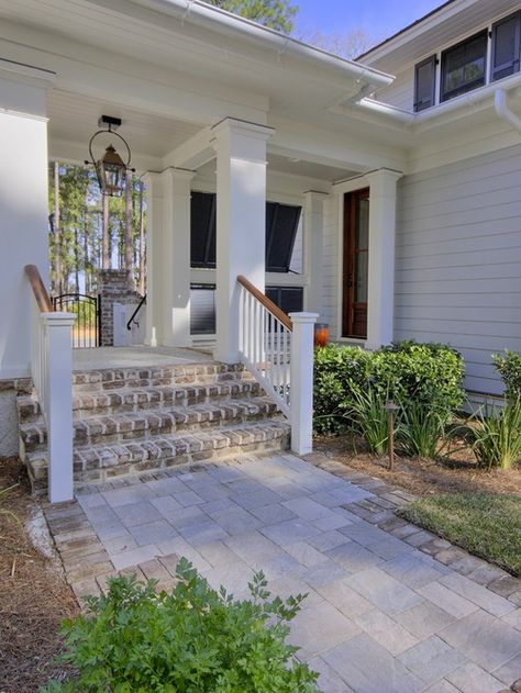 Front Porch Stone Steps, Exterior Entryway Ideas, Brick Stairs, Front Porch Stairs, Exterior Stair Railing, Coastal Home Exterior, Brick Porch, Front Porch Railings, Gray Brick