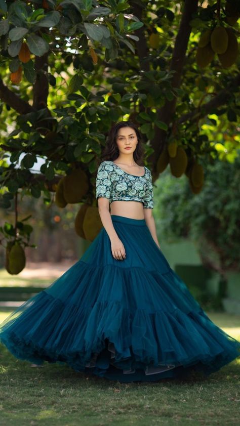 Netted Lehanga Designs Latest, Net Lahanga Design, Net Lahanga Design Latest, Net Lehenga Designs Latest, Black Full Sleeve Dress, Frocks For Women Party, Long Skirt Top Designs, Ruffle Lehenga, Designer Dresses Elegant