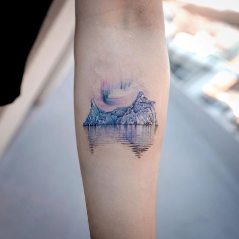 Icelandic Words And Meanings, Northern Light Tattoo, Aurora Borealis Tattoo, Icelandic Tattoo, Aurora Tattoo, Reflection Tattoo, Northern Lights Tattoo, Alaska Tattoo, Nature Tattoo Ideas