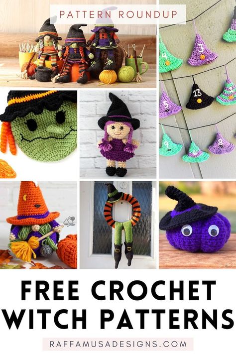 a collage of witch-themed crocheted items, including dolls, trick-or-treat bags, wreaths, etc Crochet Wreath Pattern, Diy Halloween Witch, Wreaths Halloween, Crochet Witch, Witch Dolls, Crochet Fall Decor, Magical Party, Crochet Wreath, Halloween Gnome