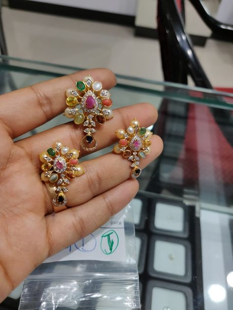 Vipul's Designer Jewellery Secunderabad - Guntur - Tanuku Navratna Earrings, Navaratan Jewellery, Navaratna Necklace, Simple Beaded Earrings, Navaratna Jewellery, Stone Jewellery Designs, Gold Necklace Indian Bridal Jewelry, Indian Jewellery Design Earrings, Antique Jewelry Indian