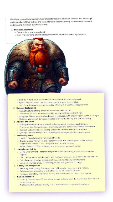 Craft the ultimate mountain dwarf character with this comprehensive creation checklist! From naming conventions to cultural traits, gear, and skills, this guide will help you bring your dwarven vision to life. Perfect for D&D, writing, or world-building enthusiasts. 🛡️⚒️✨

#FantasyWorldBuilding #DwarvenCulture #DnDCharacterCreation #MountainDwarf #FantasyChecklist #TabletopRPG #CreativeWriting" Naming Conventions, Tabletop Rpg, Fantasy World, Creative Writing, Light In The Dark, Skin Tones, Physics, Writing, Building