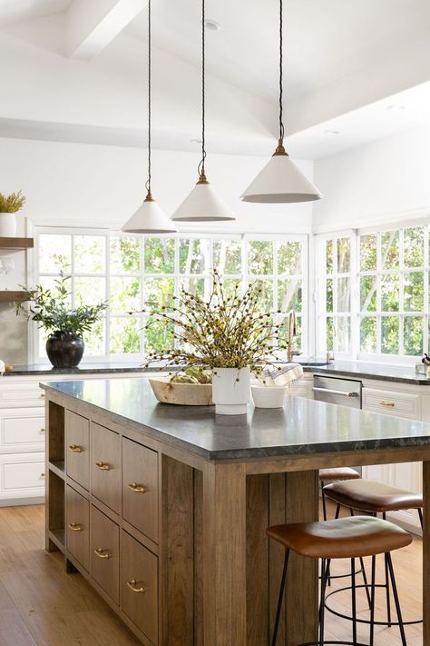 Transitional Kitchen With Island, Soapstone Island Kitchen, Soapstone Island, Maine Kitchen, Kitchen 2022, Kitchen Light Fixtures, Custom Island, Custom Kitchen Remodel, Architecture Styles