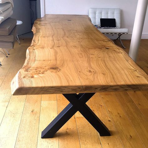 Handmade Live Edge Oak Slab Dining Table with Metal Legs | Quercus Furniture Live Edge Wood Dining Table, Metal Leg Dining Table, Wood Slab Dining Table, Live Edge Wood Table, Wooden Dining Table Designs, Wood Slab Table, Slab Table, Live Edge Dining Table, Metal Dining Table