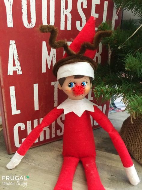 Crafty Elf Reindeer Disguise plus daily Elf on the Shelf Ideas on Frugal Coupon Living. #elf #elfontheshelf #elfontheshelffunny #elfie #elfdoll #elfonashelfideas #elfontheshelf #elf #elfideas Elf On The Shelf Rudolph Nose, Elf On The Shelf Dress Up, Elf Reindeer, Chirstmas Decor, Elf Magic, Awesome Elf On The Shelf Ideas, Xmas Elf, Elf Antics, Elf Fun