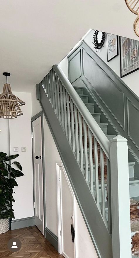 French Grey Staircase, Sage Green Stairway, Frenchic Paint Bannister, Painted Handrails For Stairs Colour, Panelled Walls Hallway Staircases, Decorating Hall Stairs And Landing, Panelled Stairs And Landing, Green Bannister, Coloured Bannister