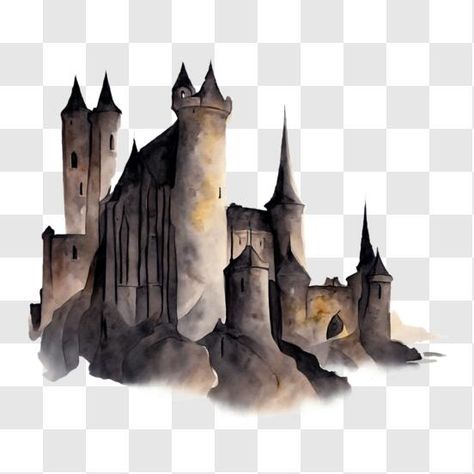 'This image is an illustration of a castle with towers and turrets, possibly inspired by the Harry Potter film series. It has been painted using watercolor, giving it a unique and artistic appearance. The illustration showcases the castle's distinctive features, including its shape, size, and color. Harry Potter Png, Castle Illustration, Green Screen Footage, Harry Potter Film, A Castle, Green Screen, The Netherlands, Creative Fabrica, Harry Potter