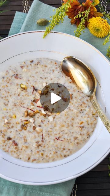 Nisha | Healthy-ish Recipes - Indian, Fusion & Global on Instagram: "OATS KHEER is like dessert for breakfast, but so nourishing. Enjoy this cheer-like oatmeal with flavors such as, ghee, cardamom, saffron, and nuts.   RECIPE (serves 2) [ 344 calories, 12g protein, 5g fiber ]  Before high pressure * ½ tablespoon ghee, solid * ½ cup steel cut oats * 1 cup water * ½ cup whole milk * 1 tablespoon coconut sugar  After high pressure * ½ cup whole milk * ¼ teaspoon cardamom powder * pinch of saffron * 1 tablespoon pistachios, chopped * 1 tablespoon cashews, chopped * 1 tablespoon almonds, chopped  https://www.honeywhatscooking.com/creamy-steel-cut-oats/  #breakfast #steelcutoats #indianfusionfood steel cut oats, oatmeal recipes" Oats Recipes Indian, Oats With Milk, Oat Milk Recipe, Dessert For Breakfast, Kheer Recipe, Breakfast Bites, Tasty Recipes Videos, Oats Breakfast, Steel Cut Oats