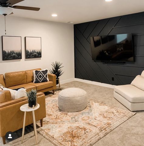 Basement Feature Wall Tv, Basement Rec Room Tv Wall, How To Decorate A Loft Area, Small Basement Tv Room Ideas, Basement Ideas Fireplace, Basement Lounge Ideas, Texas Basement, Basement Media Room Ideas, Basement Refresh