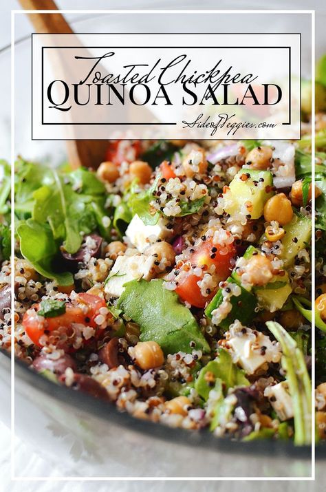 Hearty, healthy and super easy to make. Toasted chickpeas, quinoa, arugula, olives and feta tossed with fresh vegetables make this salad super flavorful and perfect for any occasion. This salad is full of fiber and protein making you feel full and happy with every crunchy bite! Toasted Quinoa Salad, Quinoa Chickpea Salad, Toasted Chickpeas, Toasted Quinoa, Chickpea Salad, Grape Tomatoes, Quinoa Salad, Arugula, Fresh Vegetables