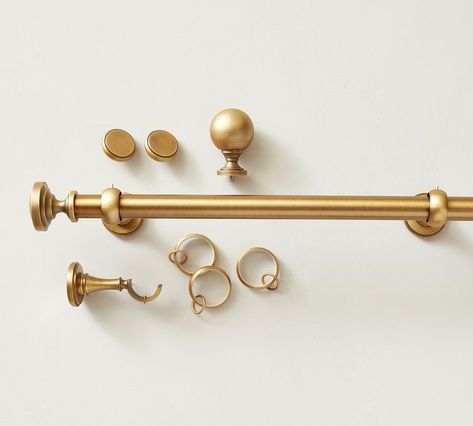 Pottery Barn Curtain Rods, Brass Curtain Rod, Gold Curtain Rods, Pottery Barn Curtains, Dining Room Makeover, Contract Design, Burnished Brass, Curtain Hardware, Drapery Hardware