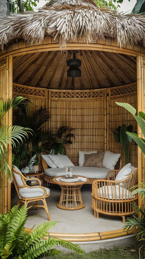 Learn how to choose the perfect enclosed gazebo for your backyard, considering design, materials, and features for ultimate comfort. Beach Gazebo Ideas, Bamboo Gazebo Ideas, Bamboo Restaurant Ideas, Gazebo Design Outdoor, Outdoor Spa Ideas, Gazebo Taman, Bamboo Gazebo, Outdoor Gazebo Ideas, Bamboo Interior